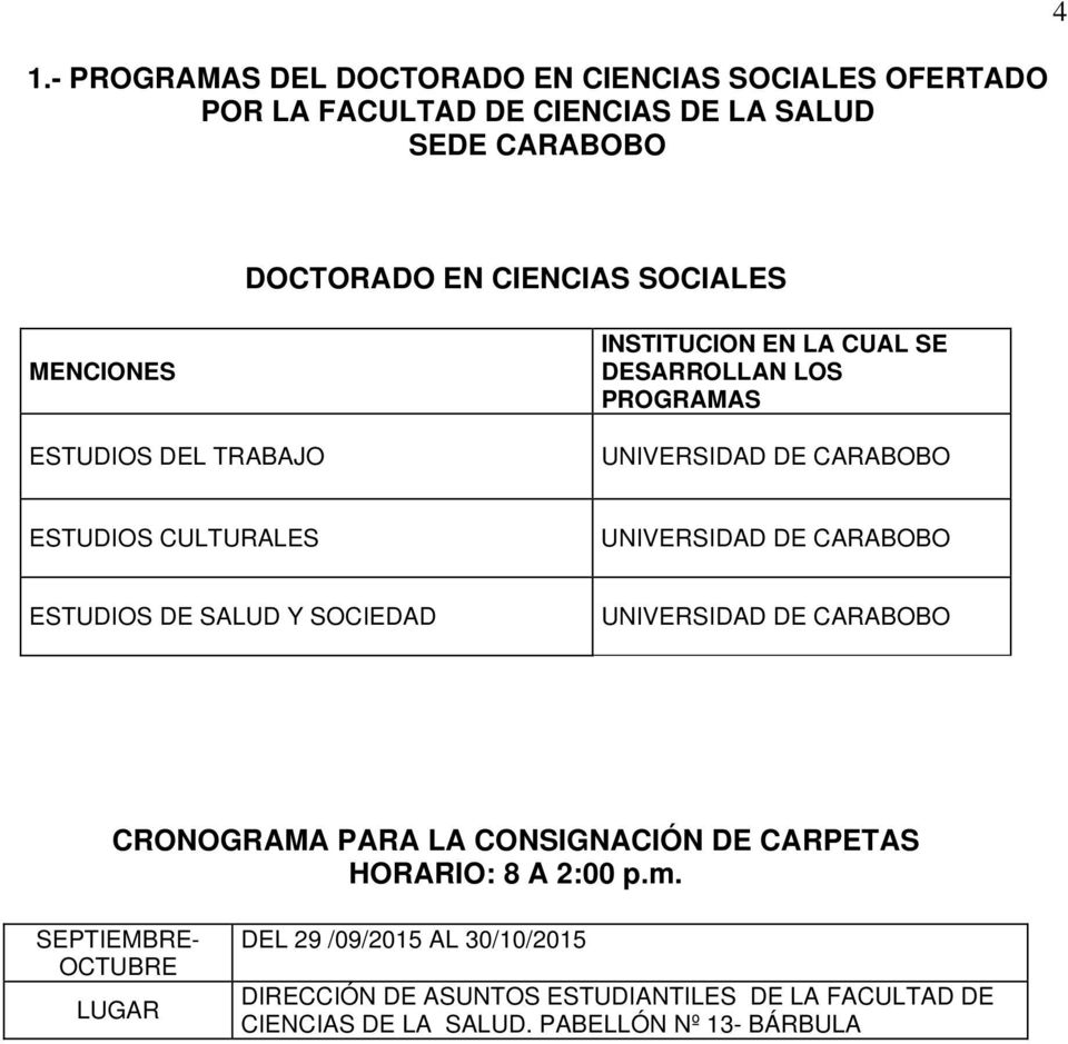 UNIVERSIDAD DE CARABOBO ESTUDIOS DE SALUD Y SOCIEDAD UNIVERSIDAD DE CARABOBO CRONOGRAMA PARA LA CONSIGNACIÓN DE CARPETAS HORARIO: 8 A 2:00 p.m.