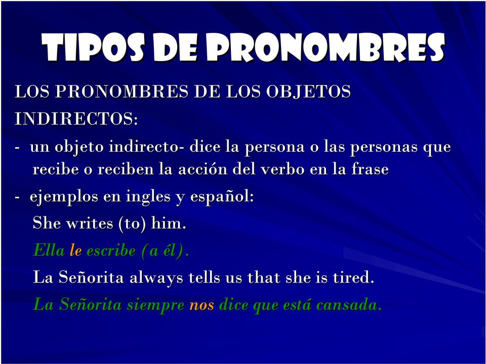 ejemplos en ingles y español ol: She writes (to) him. Ella le escribe (a él).