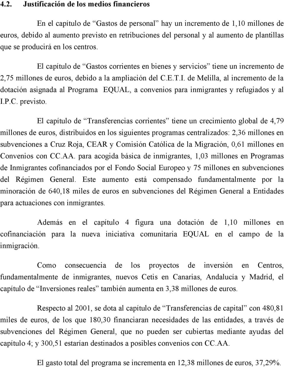de Melilla, al incremento de la dotación asignada al Programa EQUAL, a convenios para inmigrantes y refugiados y al I.P.C. previsto.