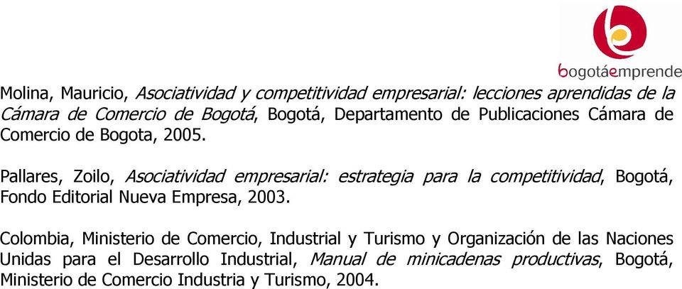 Pallares, Zoilo, Asociatividad empresarial: estrategia para la competitividad, Bogotá, Fondo Editorial Nueva Empresa, 2003.