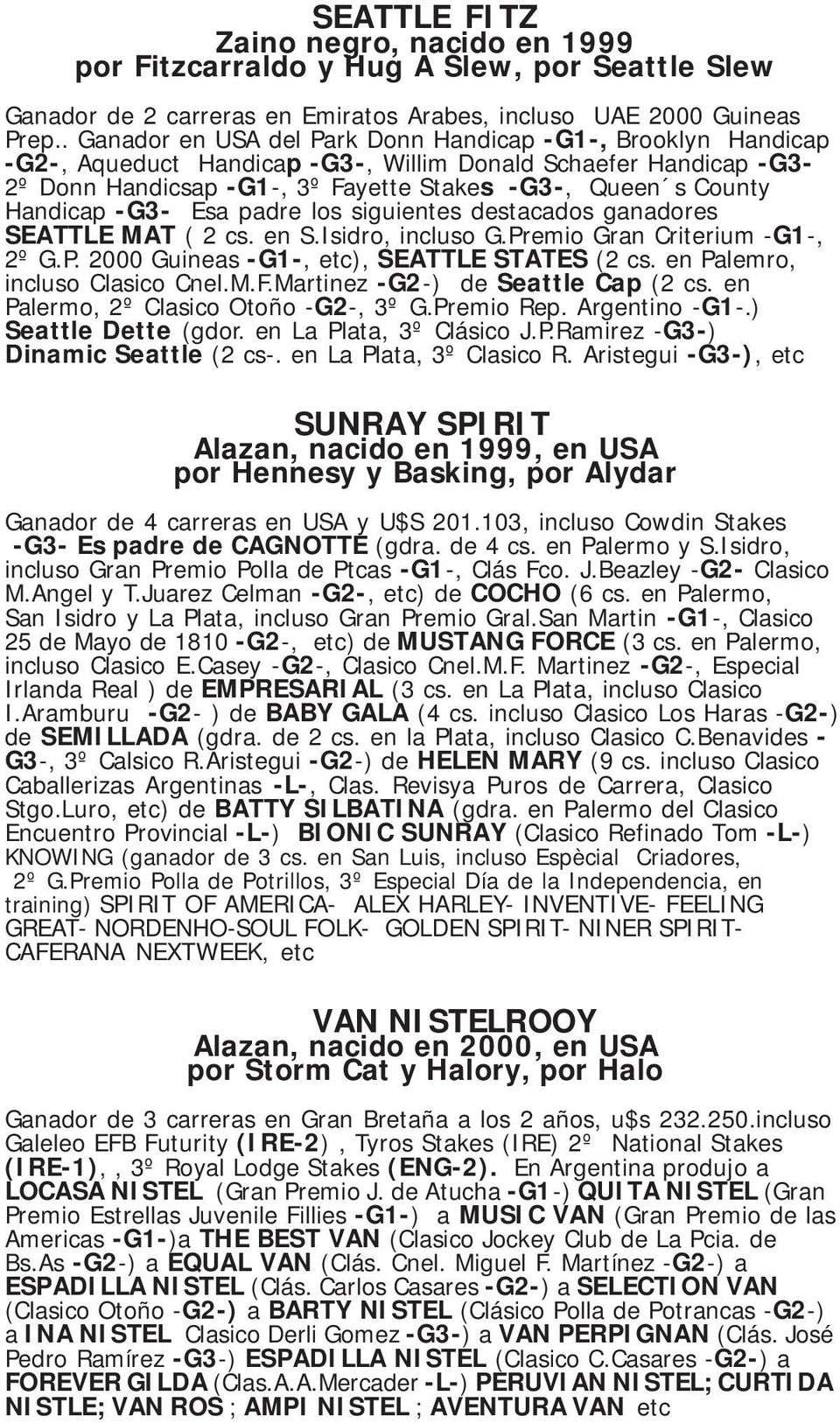 Handicap -G3- Esa padre los siguientes destacados ganadores SEATTLE MAT ( 2 cs. en S.Isidro, incluso G.Premio Gran Criterium -G1-, 2º G.P. 2000 Guineas -G1-, etc), SEATTLE STATES (2 cs.