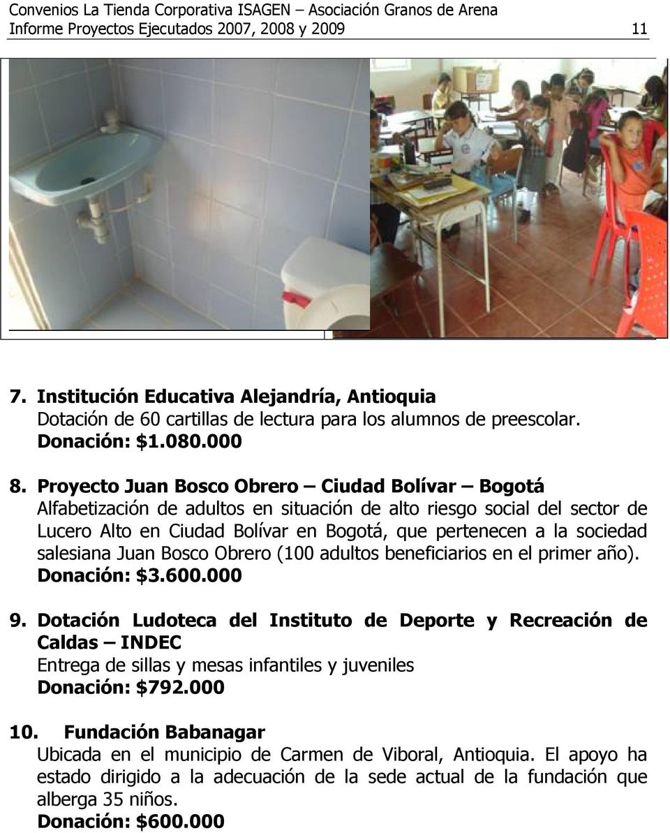 salesiana Juan Bosco Obrero (100 adultos beneficiarios en el primer año). Donación: $3.600.000 9.