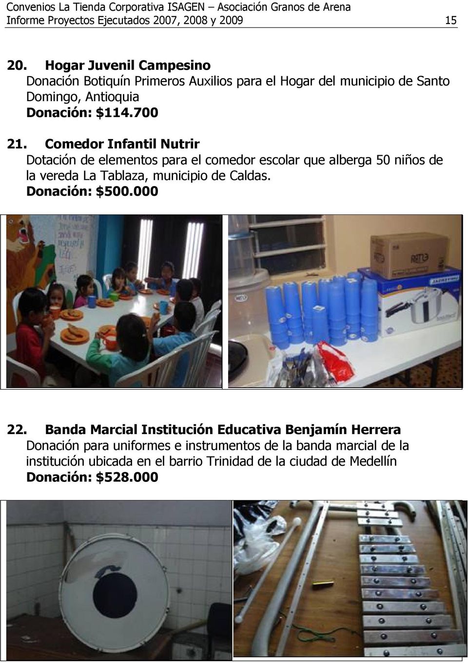 Comedor Infantil Nutrir Dotación de elementos para el comedor escolar que alberga 50 niños de la vereda La Tablaza, municipio de Caldas.