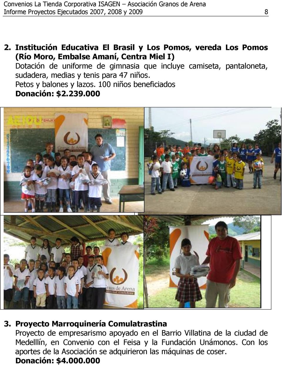 camiseta, pantaloneta, sudadera, medias y tenis para 47 niños. Petos y balones y lazos. 100 niños beneficiados Donación: $2.239.000 3.