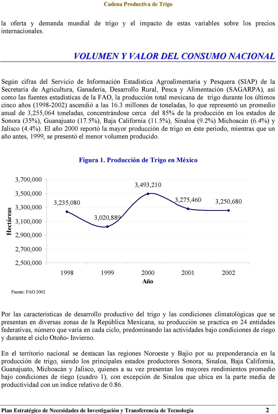 Alimentación (SAGARPA), así como las fuentes estadísticas de la FAO, la producción total mexicana de trigo durante los últimos cinco años (1998-2002) ascendió a las 16.