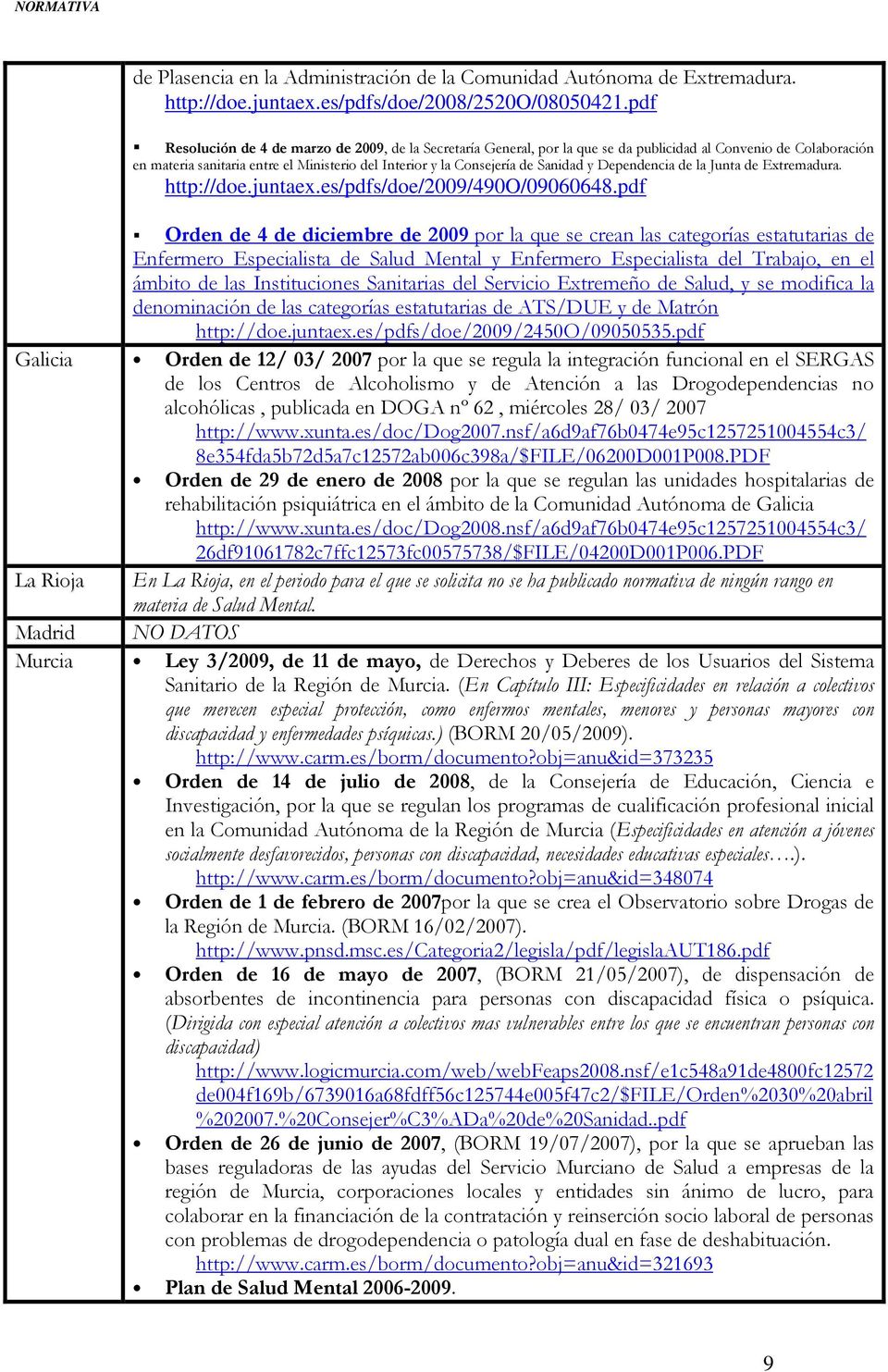 Sanidad y Dependencia de la Junta de Extremadura. http://doe.juntaex.es/pdfs/doe/2009/490o/09060648.