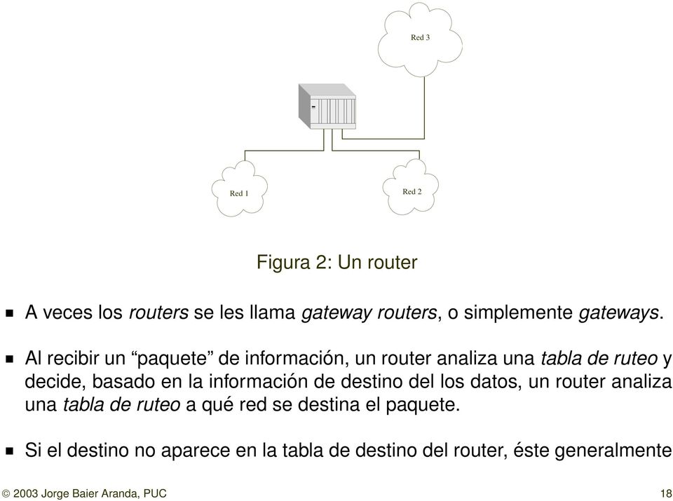 Al recibir un paquete de información, un router analiza una tabla de ruteo y decide, basado en la
