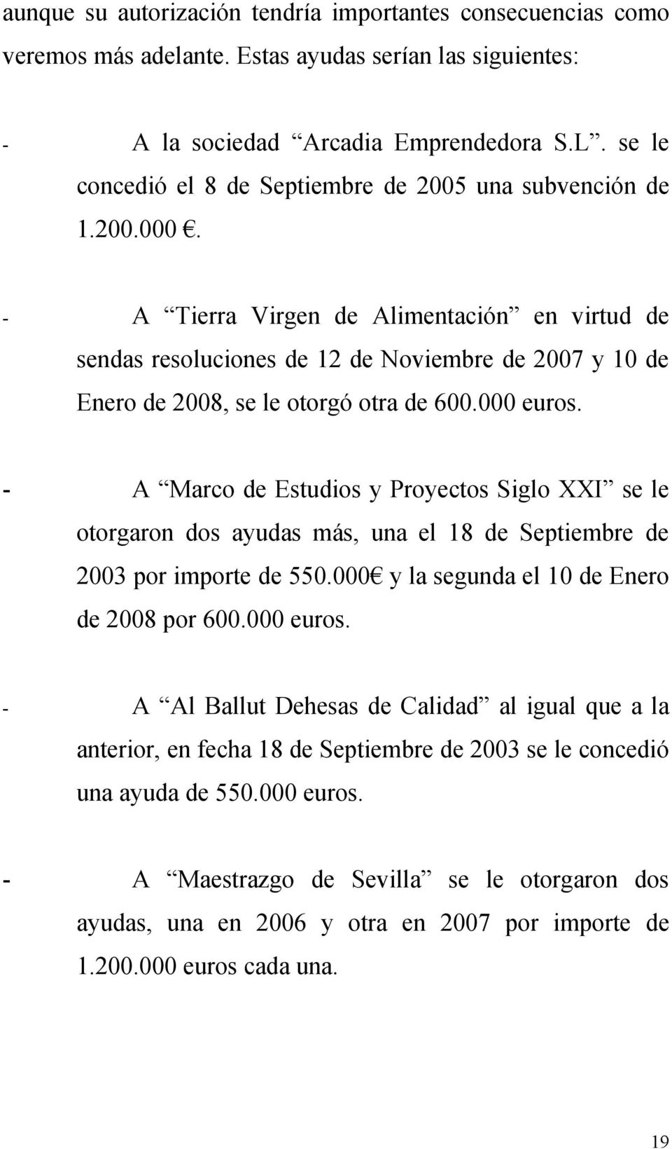 - A Tierra Virgen de Alimentación en virtud de sendas resoluciones de 12 de Noviembre de 2007 y 10 de Enero de 2008, se le otorgó otra de 600.000 euros.
