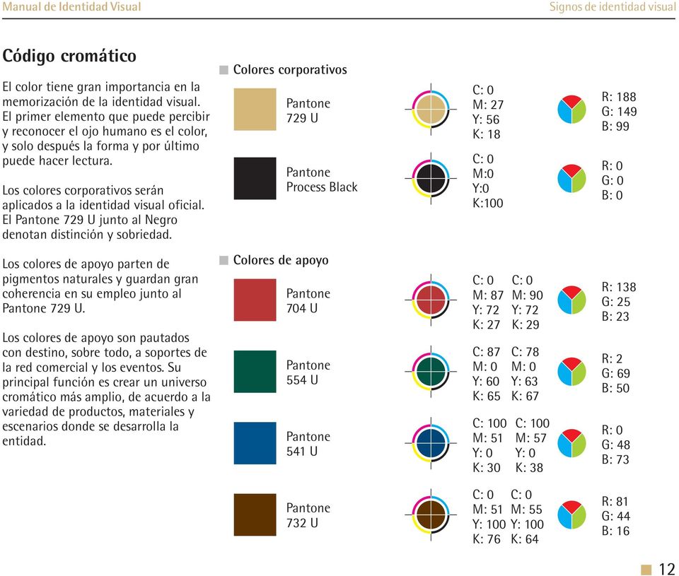 Los colores corporativos serán aplicados a la identidad visual oficial. El Pantone 729 U junto al Negro denotan distinción y sobriedad.