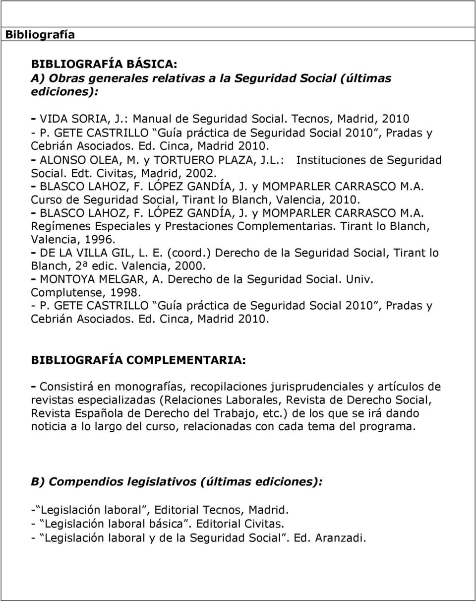 Civitas, Madrid, 2002. - BLASCO LAHOZ, F. LÓPEZ GANDÍA, J. y MOMPARLER CARRASCO M.A. Curso de Seguridad Social, Tirant lo Blanch, Valencia, 2010. - BLASCO LAHOZ, F. LÓPEZ GANDÍA, J. y MOMPARLER CARRASCO M.A. Regímenes Especiales y Prestaciones Complementarias.