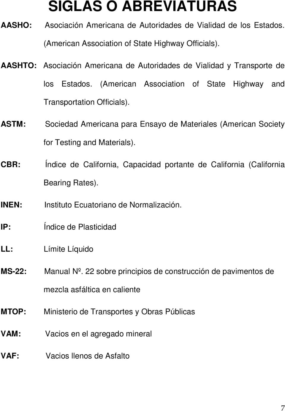 ASTM: Sociedad Americana para Ensayo de Materiales (American Society for Testing and Materials). CBR: Índice de California, Capacidad portante de California (California Bearing Rates).