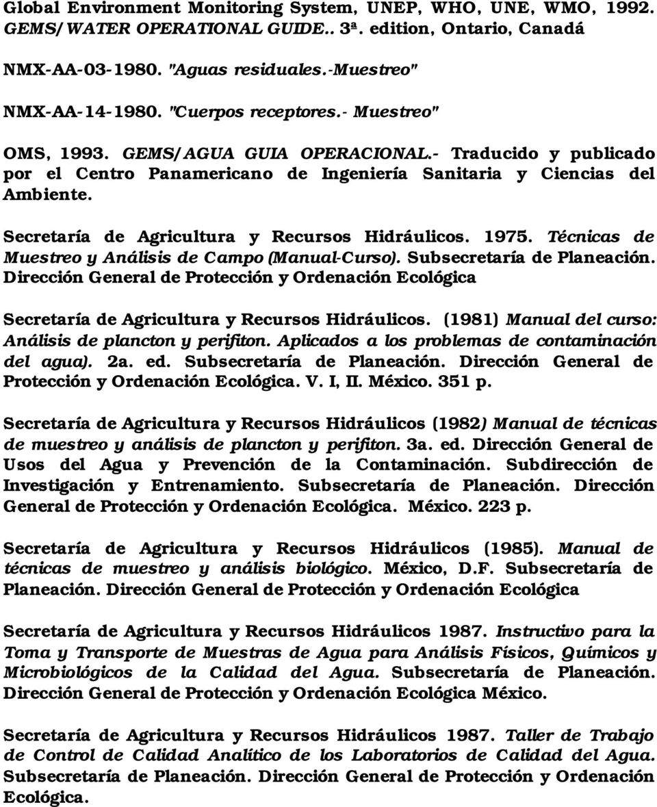 Secretaría de Agricultura y Recursos Hidráulicos. 1975. Técnicas de Muestreo y Análisis de Campo (Manual-Curso). Subsecretaría de Planeación.