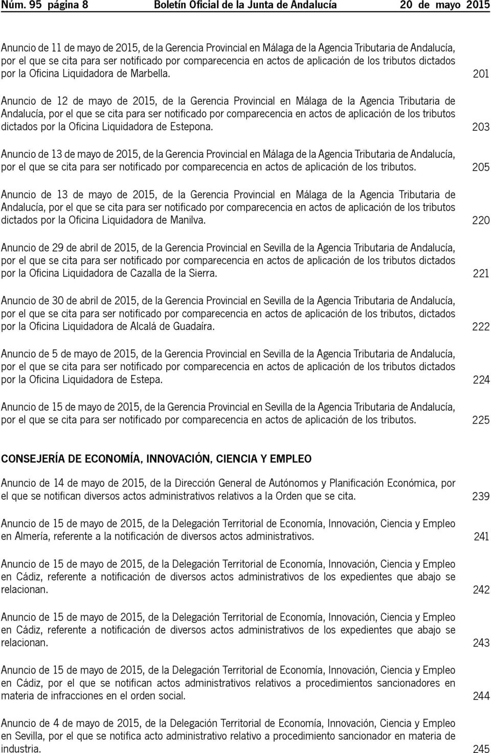 201 Anuncio de 12 de mayo de 2015, de la Gerencia Provincial en Málaga de la Agencia Tributaria de Andalucía, por el que se cita para ser notificado por comparecencia en actos de aplicación de los