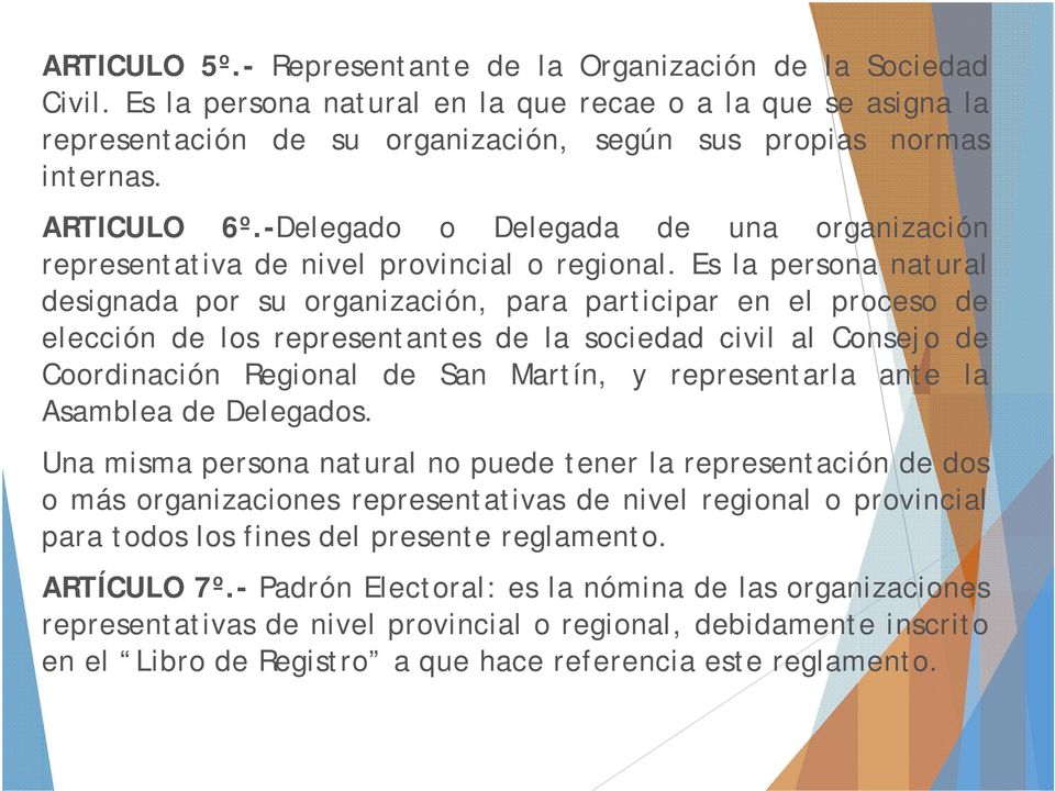 Es la persona natural designada por su organización, para participar en el proceso de elección de los representantes de la sociedad civil al Consejo de Coordinación Regional de San Martín, y