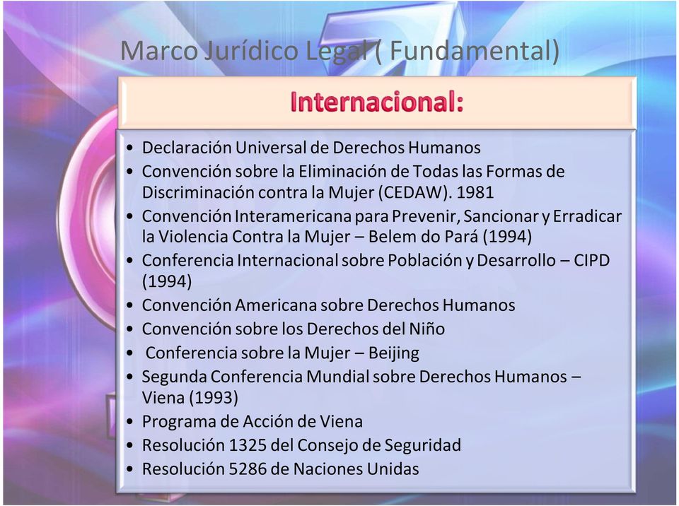 1981 Convención Interamericana para Prevenir, Sancionar y Erradicar la Violencia Contra la Mujer Belem do Pará (1994) Conferencia Internacional sobre Población