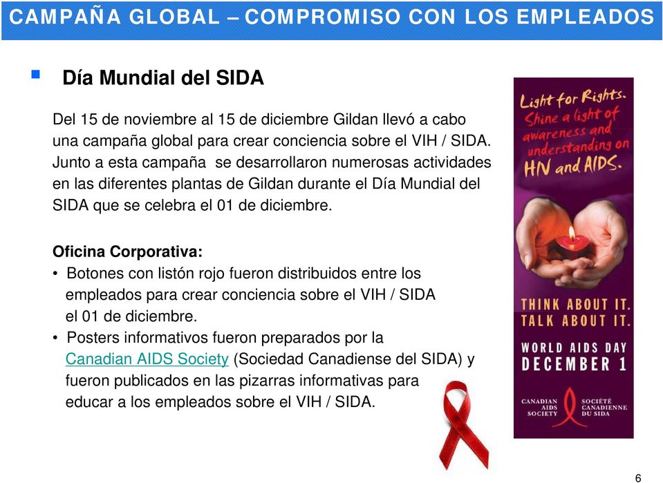 Oficina Corporativa: Botones con listón rojo fueron distribuidos entre los empleados para crear conciencia sobre el VIH / SIDA el 01 de diciembre.