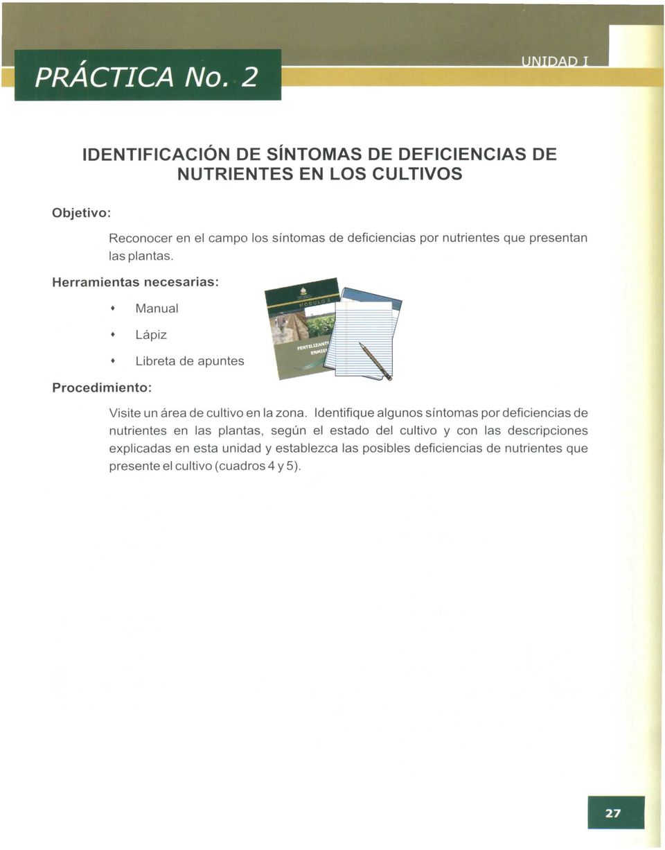 Herramientas necesarias: Manual Lápiz Libreta de apuntes Procedimiento: Visite un área de cultivo en la zona.