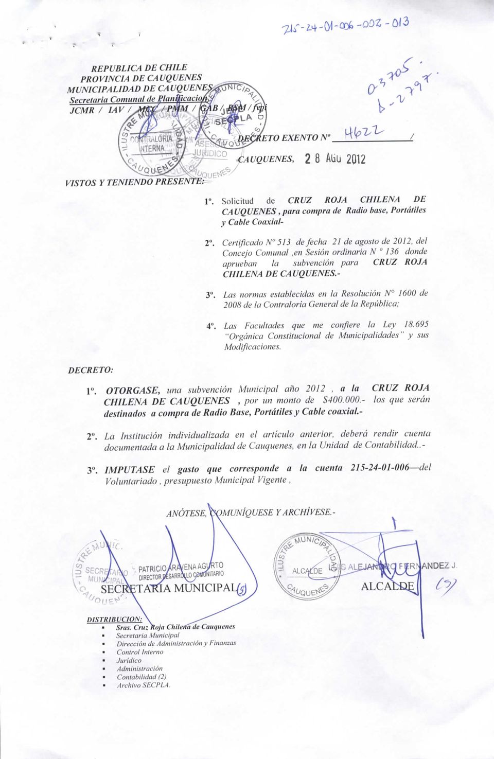 Certificado N 513 de fecha 21 de agosto de 2012, del Concejo Comunal,en Sesión ordinaria N J36 donde aprueban la subvención para CRUZ ROJA CHILENA DE CAUQVENES.- 3".