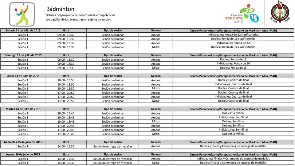 preliminar Mixto Dobles: Ronda de 16 clasificatorias Domingo 12 de julio de 2015 Hora Tipo de sesión Género Centro Panamericano/Parapanamericano de Markham Atos (MAR) Sesión 1 09:00-18:30 Sesión