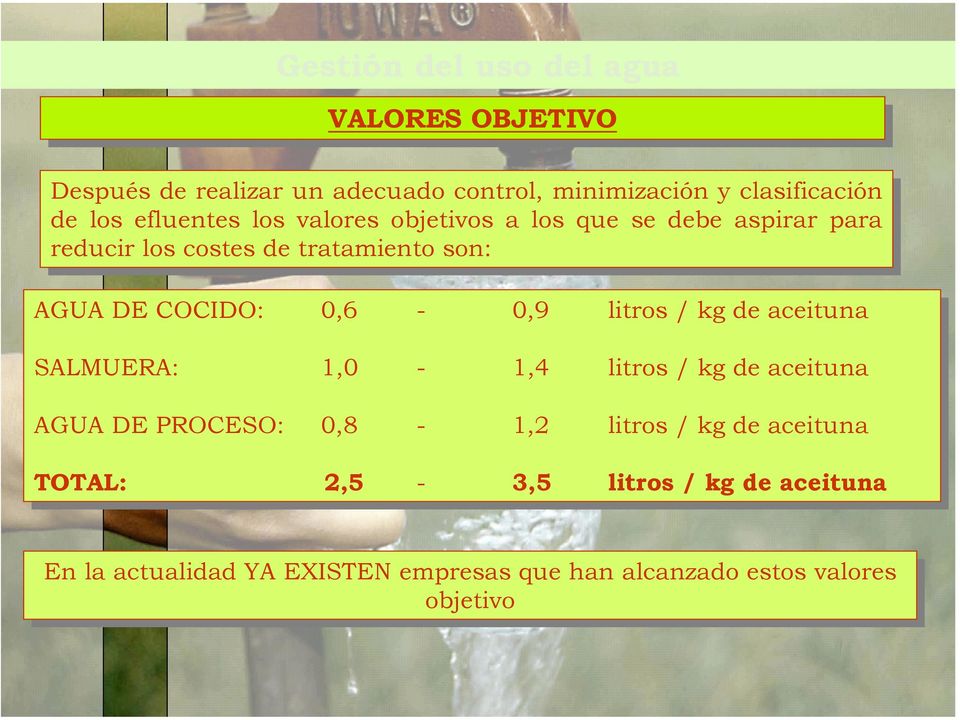 kgde de aceituna SALMUERA: 1,0 1,0 -- 1,4 1,4 litros litros / kg kgde de aceituna AGUA AGUA DE DE PROCESO: 0,8 0,8 -- 1,2 1,2 litros litros / kg kgde de
