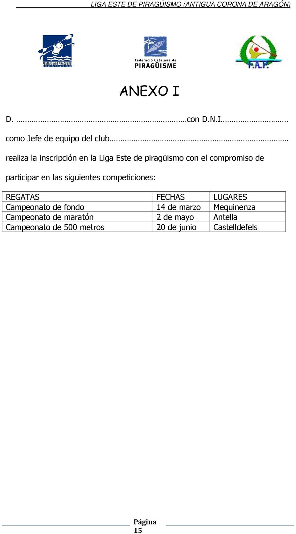 participar en las siguientes competiciones: REGATAS FECHAS LUGARES Campeonato de
