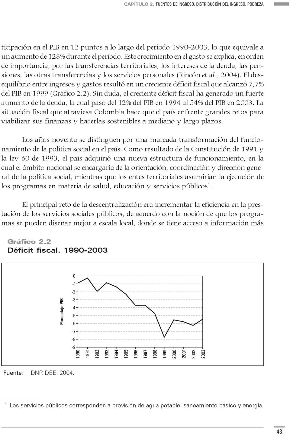 (Rincón et al., 2004). El desequilibrio entre ingresos y gastos resultó en un creciente déficit fiscal que alcanzó 7,7% del PIB en 1999 (Gráfico 2.2).