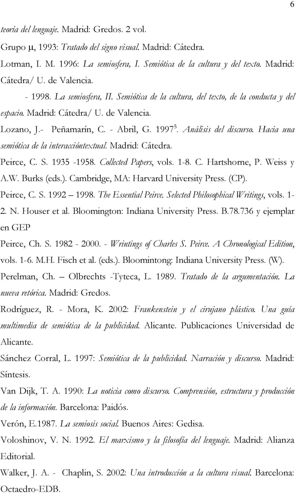 Análisis del discurso. Hacia una semiótica de la interaccióntextual. Madrid: Cátedra. Peirce, C. S. 1935-1958. Collected Papers, vols. 1-8. C. Hartshorne, P. Weiss y A.W. Burks (eds.).