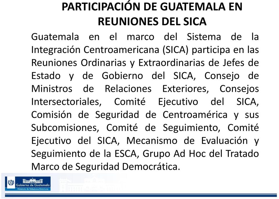 Exteriores, Consejos Intersectoriales, Comité Ejecutivo del SICA, Comisión de Seguridad de Centroamérica y sus Subcomisiones, Comité