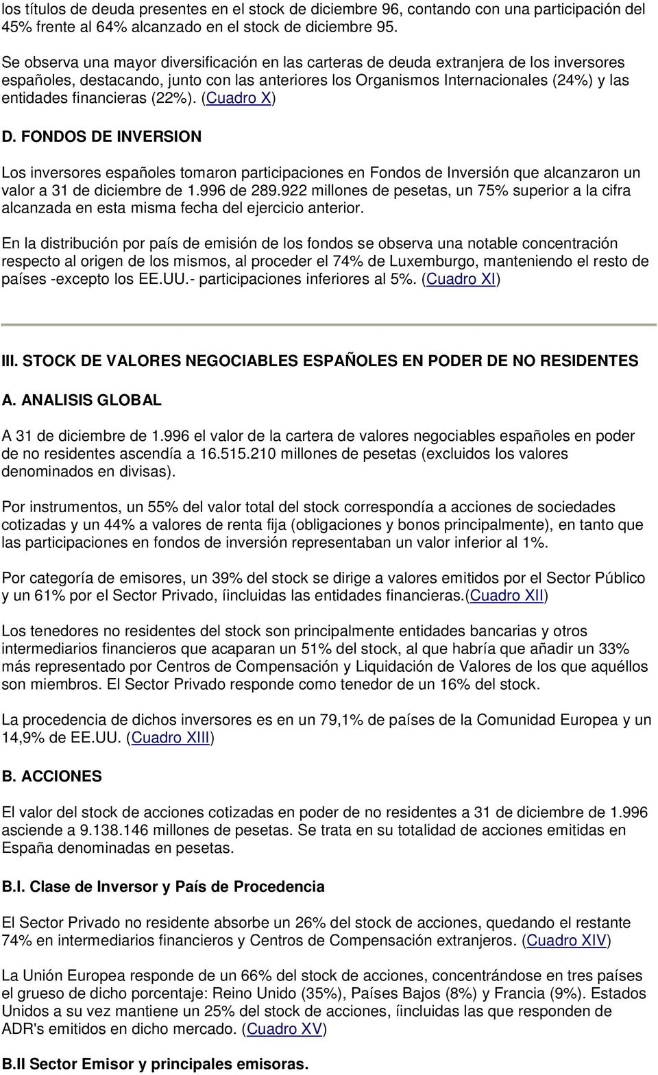 financieras (22%). (Cuadro X) D. FONDOS DE INVERSION Los inversores españoles tomaron participaciones en Fondos de Inversión que alcanzaron un valor a 31 de diciembre de 1.996 de 289.