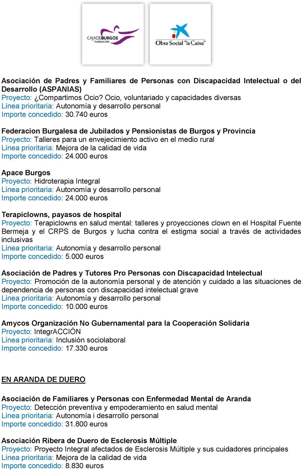 000 euros Apace Burgos Proyecto: Hidroterapia Integral Importe concedido: 24.