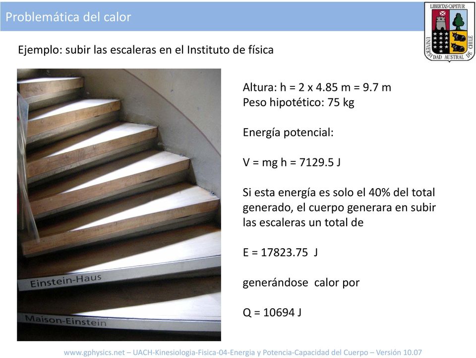 7 m Peso hipotético: 75 kg Energía potencial: V = mg h = 7129.