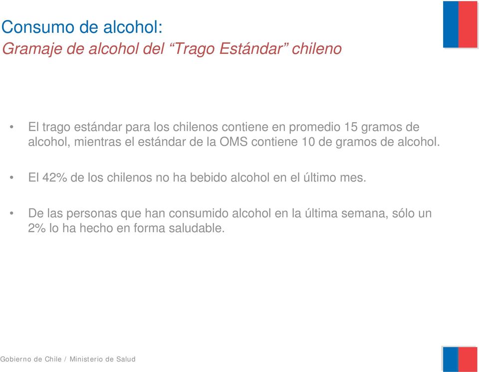 de gramos de alcohol. El 42% de los chilenos no ha bebido alcohol en el último mes.