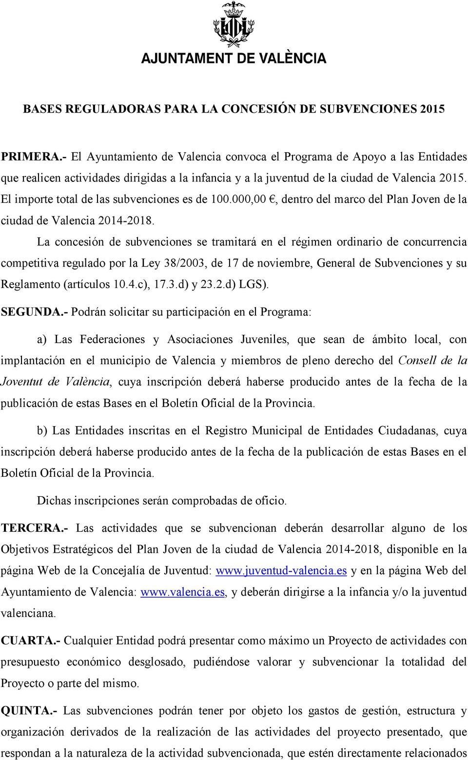 El importe total de las subvenciones es de 100.000,00, dentro del marco del Plan Joven de la ciudad de Valencia 2014-2018.