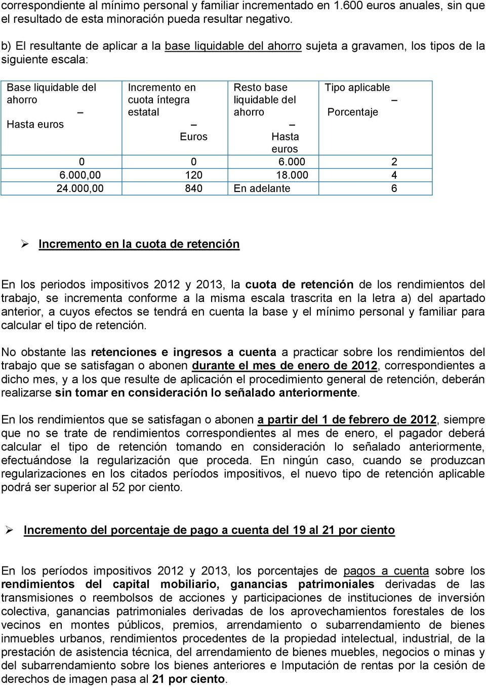 base liquidable del ahorro Hasta euros Tipo aplicable Porcentaje 0 0 6.000 2 6.000,00 120 18.000 4 24.