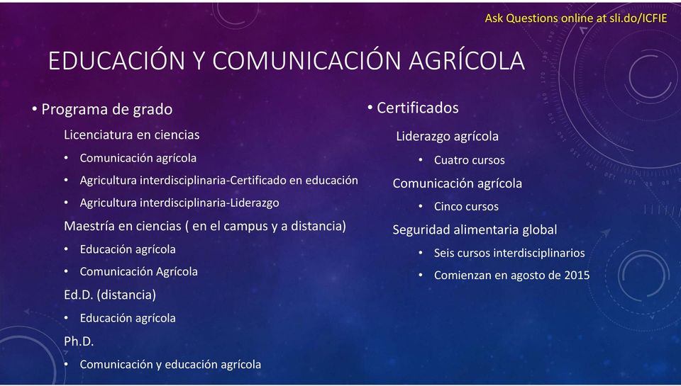 interdisciplinaria Liderazgo Maestría en ciencias ( en el campus y a distancia) Educación agrícola Comunicación Agrícola Ed.D.