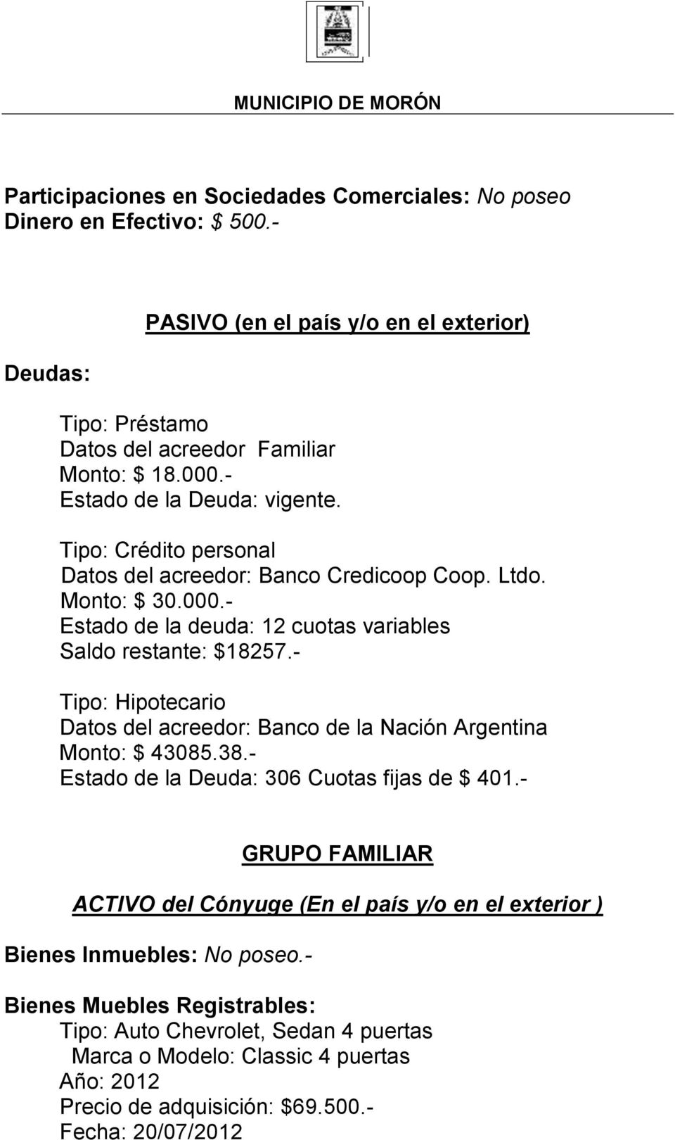 - Tipo: Hipotecario Datos del acreedor: Banco de la Nación Argentina Monto: $ 43085.38.- Estado de la Deuda: 306 Cuotas fijas de $ 401.