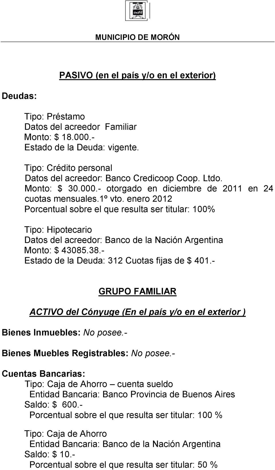 enero 2012 Porcentual sobre el que resulta ser titular: 100% Tipo: Hipotecario Datos del acreedor: Banco de la Nación Argentina Monto: $ 43085.38.- Estado de la Deuda: 312 Cuotas fijas de $ 401.