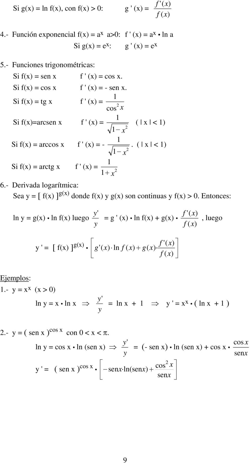 - Derivd logrítmic: Se = [ f() ] g() donde f() g() son continus f() > 0.