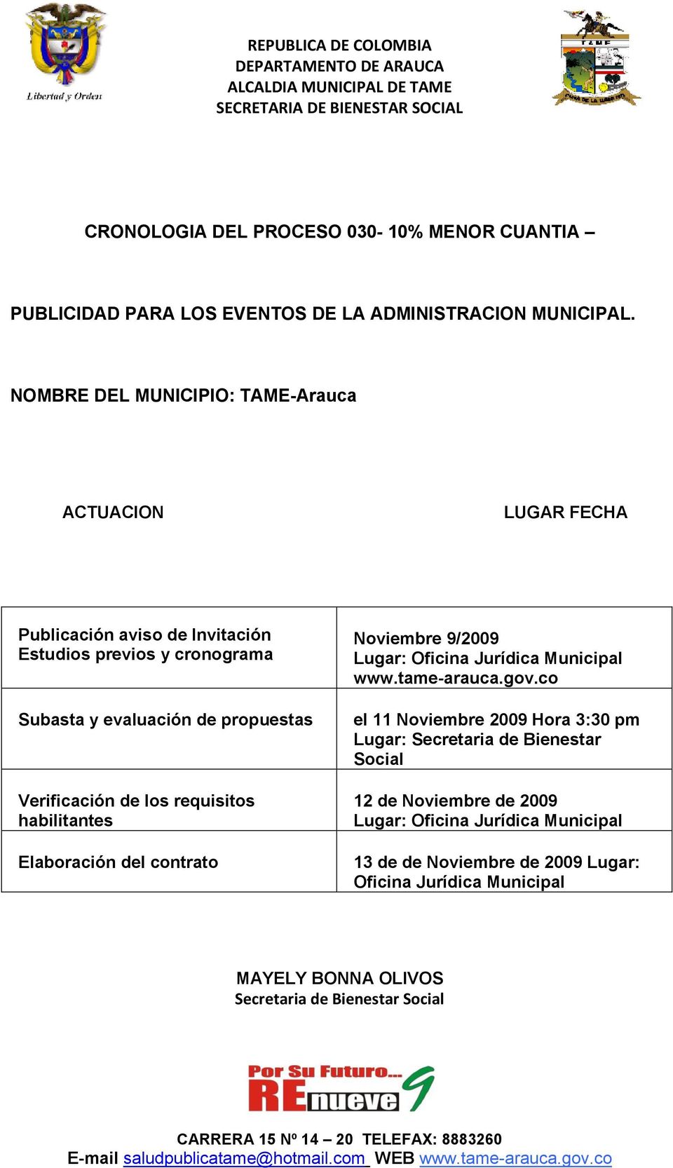 Verificación de los requisitos habilitantes Elaboración del contrato Noviembre 9/2009 Lugar: Oficina Jurídica Municipal www.tame-arauca.gov.
