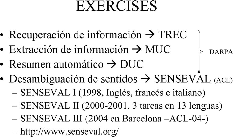 SENSEVAL I (1998, Inglés, francés e italiano) SENSEVAL II (2000-2001, 3