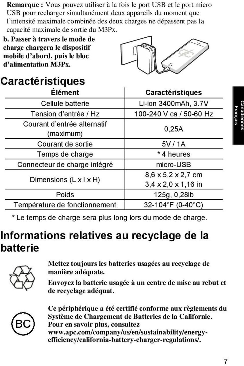 Caractéristiques É lément Caractéristiques Cellule batterie Li-ion 3400mAh, 3.