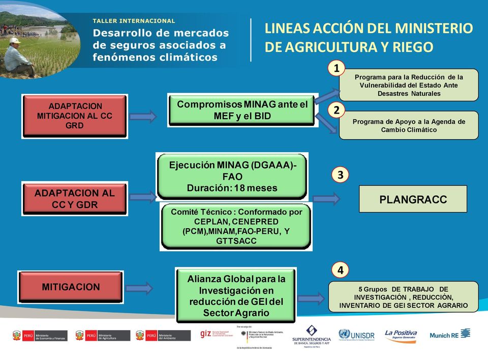Ejecución MINAG (DGAAA)- FAO Duración: 18 meses Comité Técnico : Conformado por CEPLAN, CENEPRED (PCM),MINAM,FAO-PERU, Y GTTSACC 3 PLANGRACC