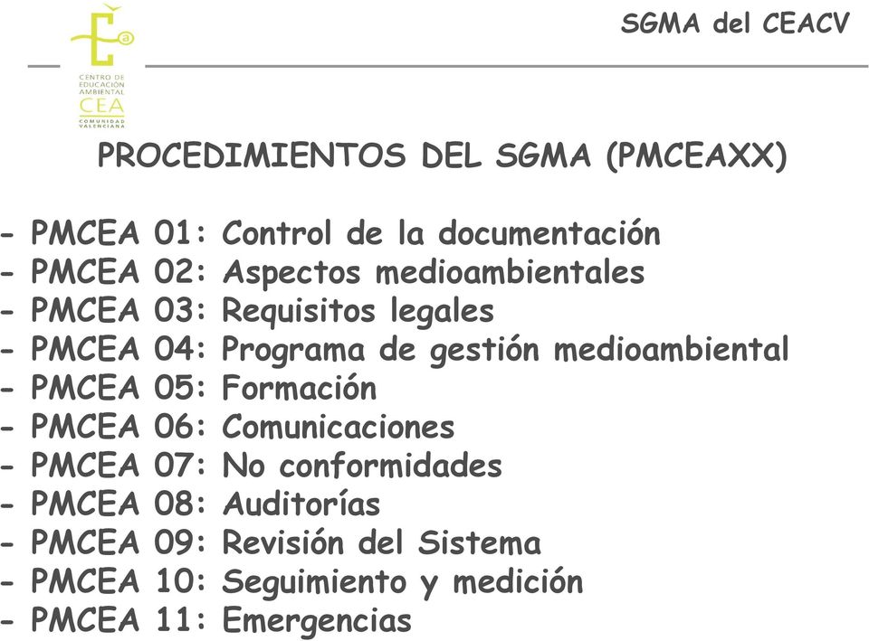 - PMCEA 05: Formación - PMCEA 06: Comunicaciones - PMCEA 07: No conformidades - PMCEA 08: