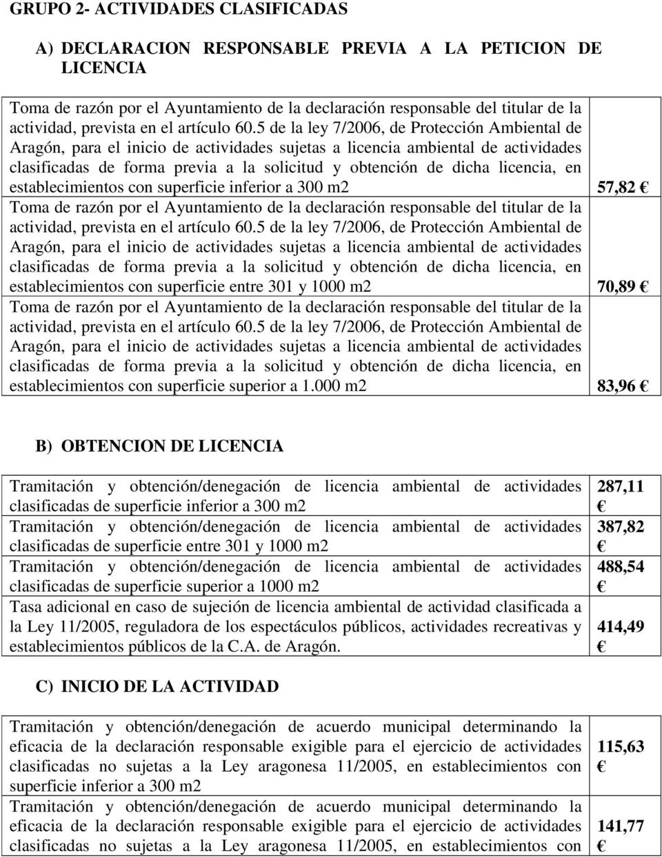 5 de la ley 7/2006, de Protección Ambiental de Aragón, para el inicio de actividades sujetas a licencia ambiental de actividades clasificadas de forma previa a la solicitud y obtención de dicha