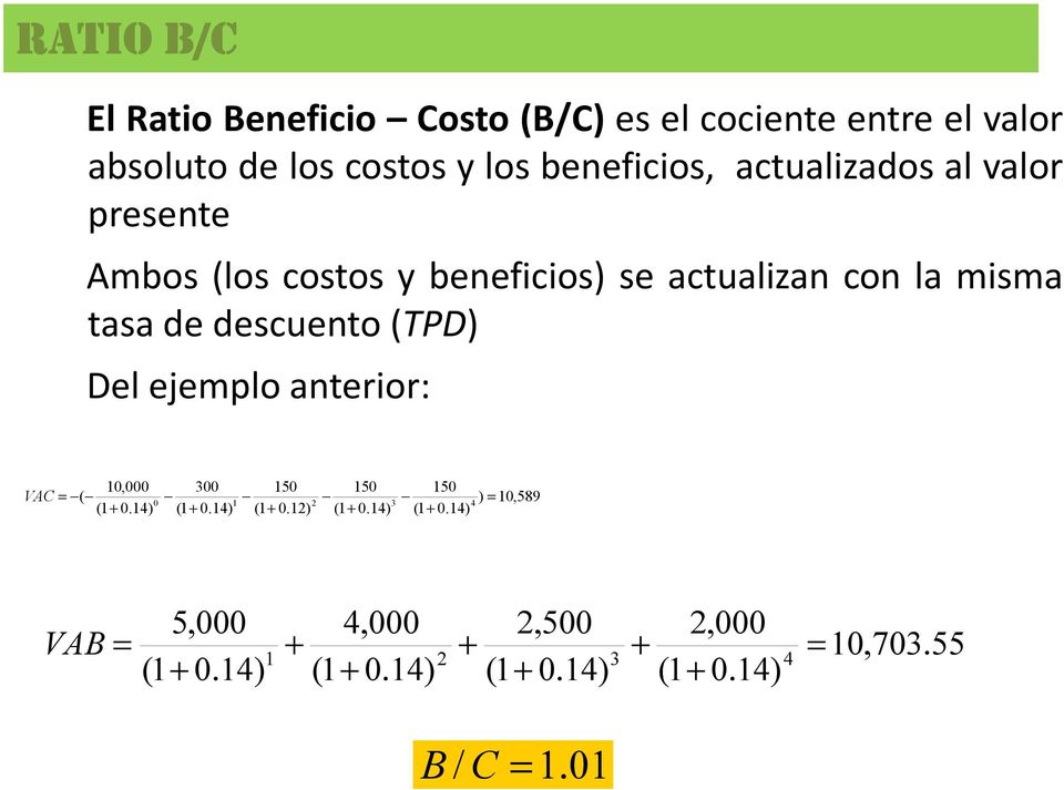 Del ejemplo anterior: 10,000 300 150 150 150 VAC = ( ) = 10,589 0 1 2 3 4 (1 + 0.14) (1 + 0.14) (1 + 0.12) (1 + 0.