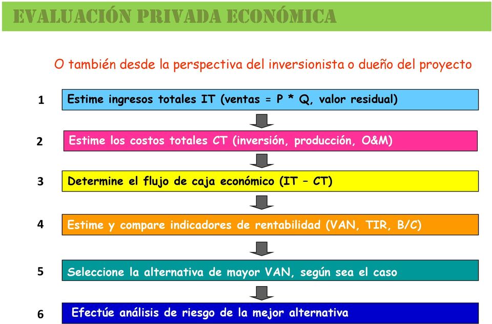 O&M) 3 Determine el flujo de caja económico (IT CT) 4 Estime y compare indicadores de rentabilidad (VAN, TIR,
