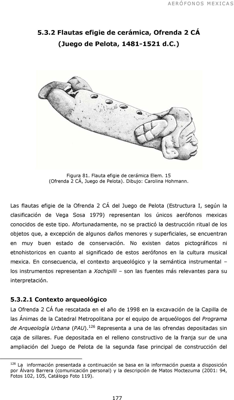Las flautas efigie de la Ofrenda 2 CÁ del Juego de Pelota (Estructura I, según la clasificación de Vega Sosa 1979) representan los únicos aerófonos mexicas conocidos de este tipo.