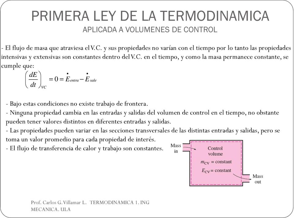 n l timpo, y como la masa prmanc constant, s cumpl qu: de = 0 = Entra E sal dt VC - Bajo stas condicions no xist trabajo d frontra.