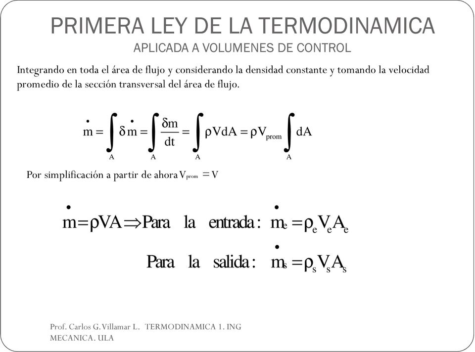 δm = δ = = ρ = ρ prom dt A A A A m m VdA V da Por simplificación a