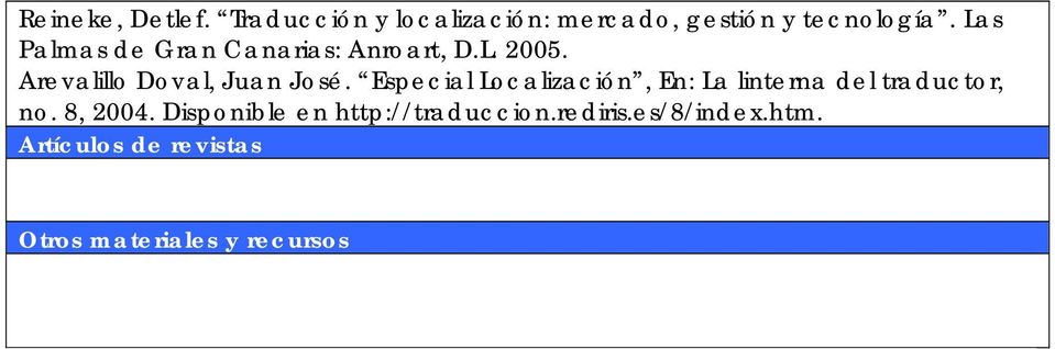 Especial Localización, En: La linterna del traductor, no. 8, 2004.